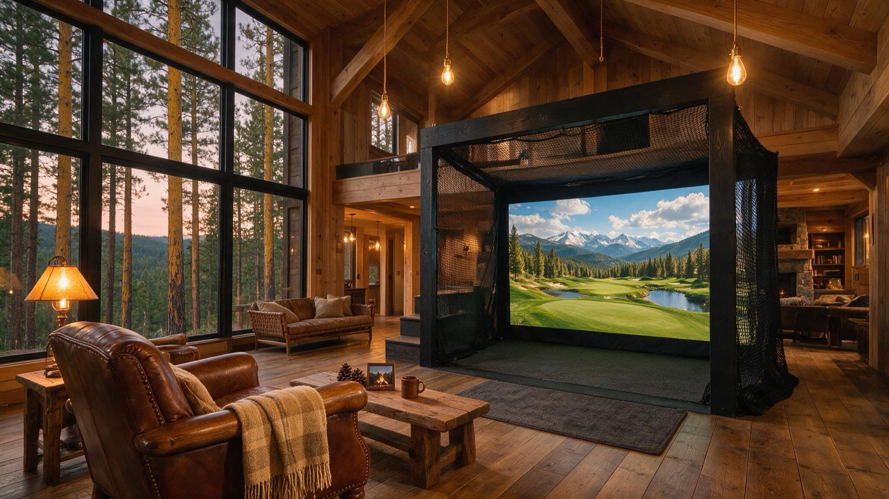 Cabin loft rental with a netted simulator bay under vaulted wood ceilings