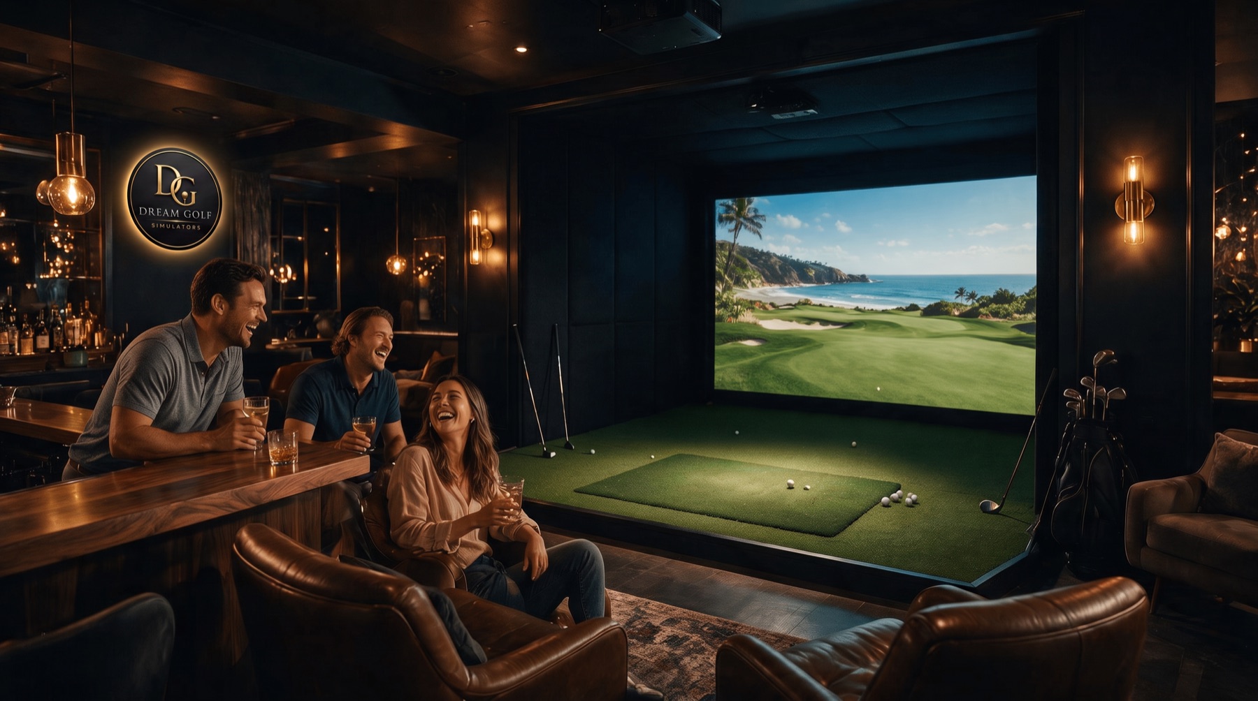 Upscale venue lounge with two glowing simulator bays