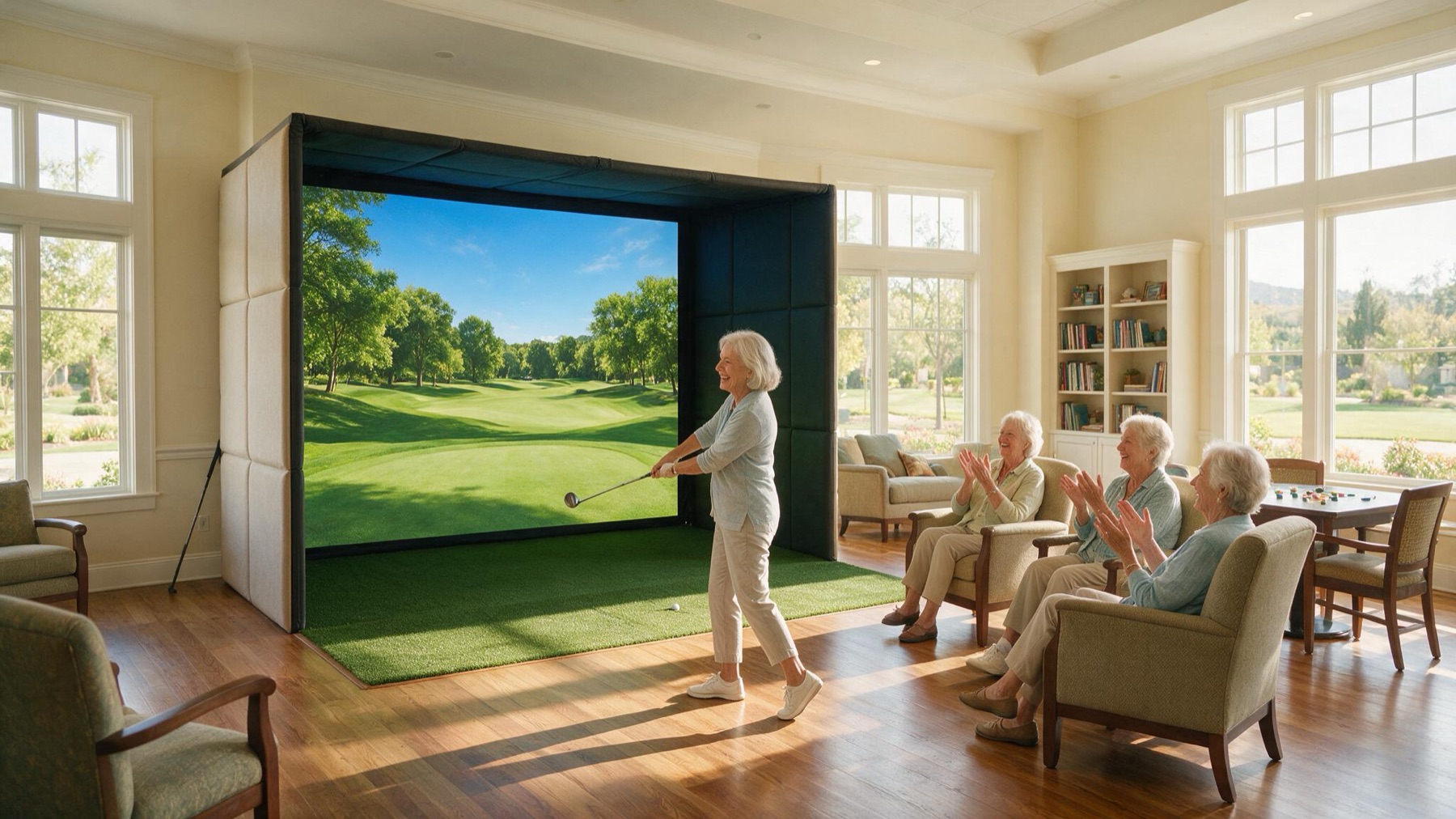 Sunlit community room where a resident swings while friends applaud