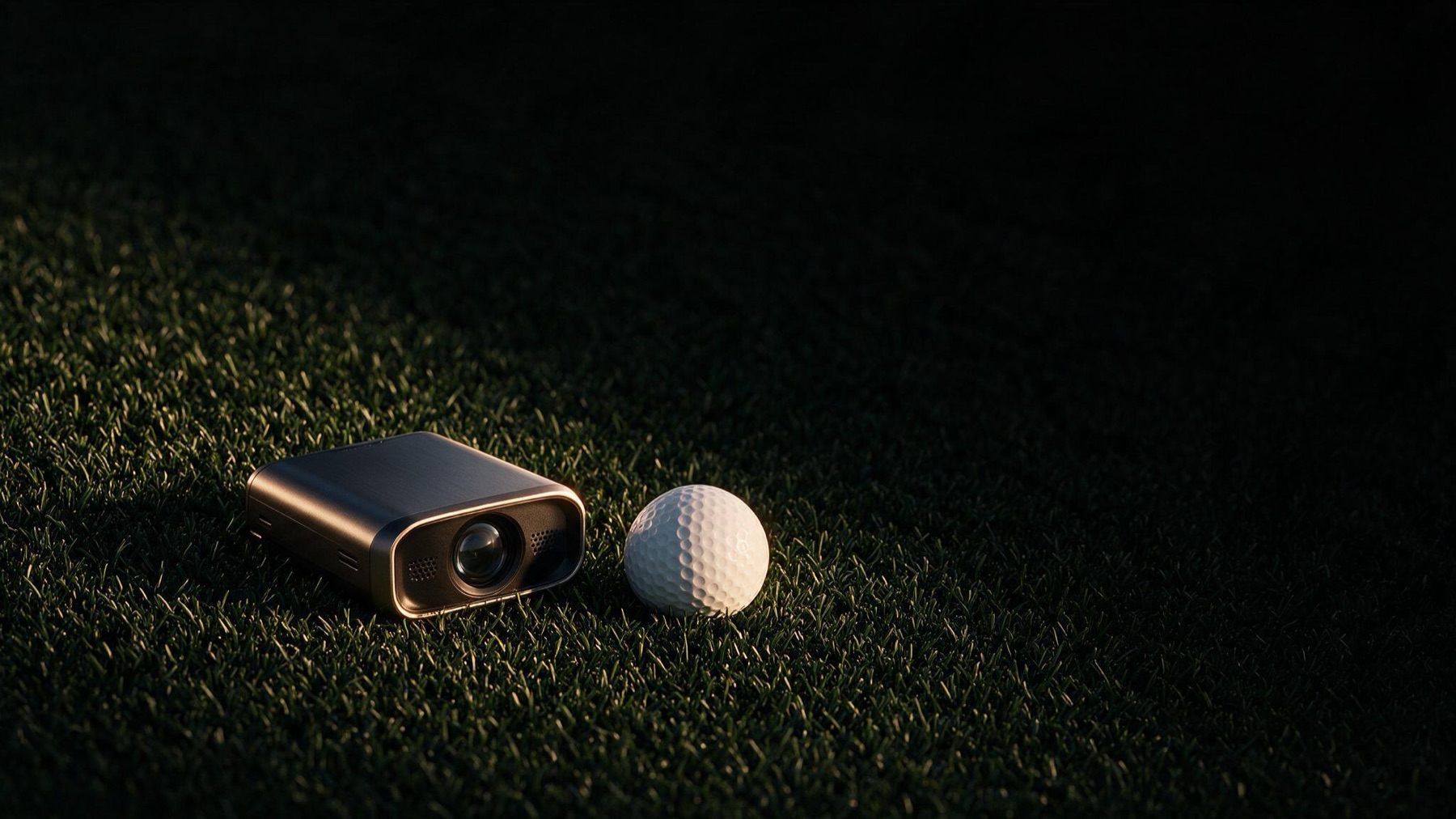 Launch monitor and golf ball on dark turf under raking light