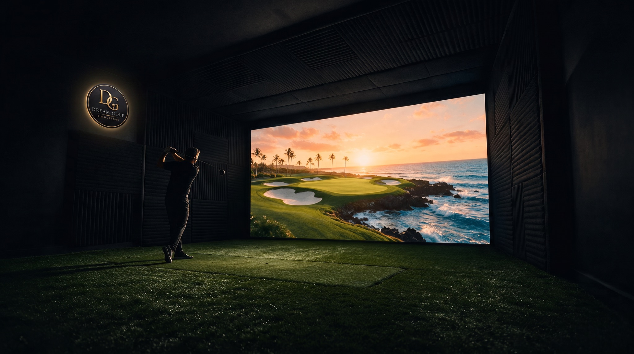 A golfer at the top of his backswing in a dark private simulator bay, an oceanside par-3 glowing on the screen