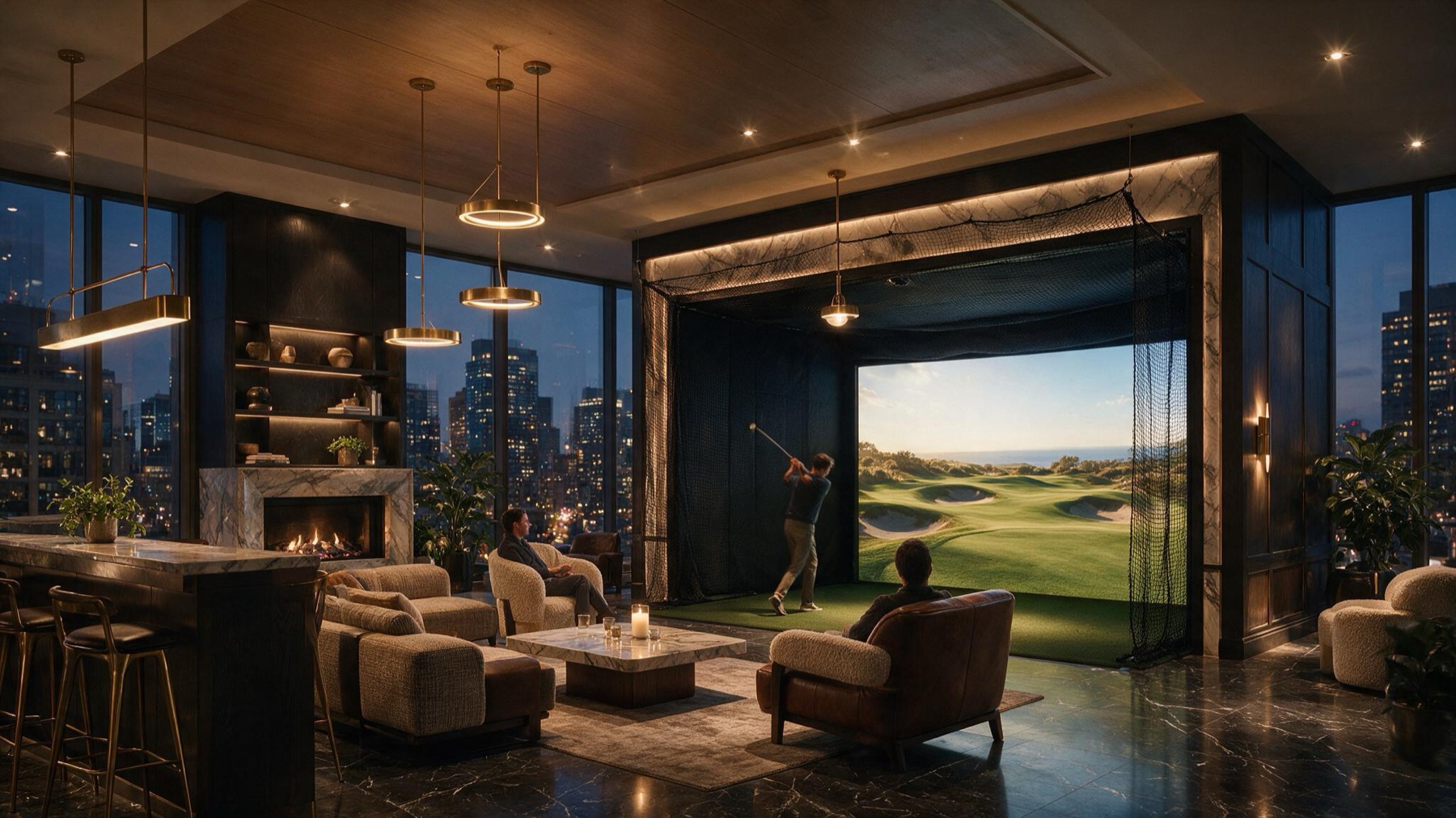 Penthouse amenity lounge with a golf simulator bay and evening skyline views