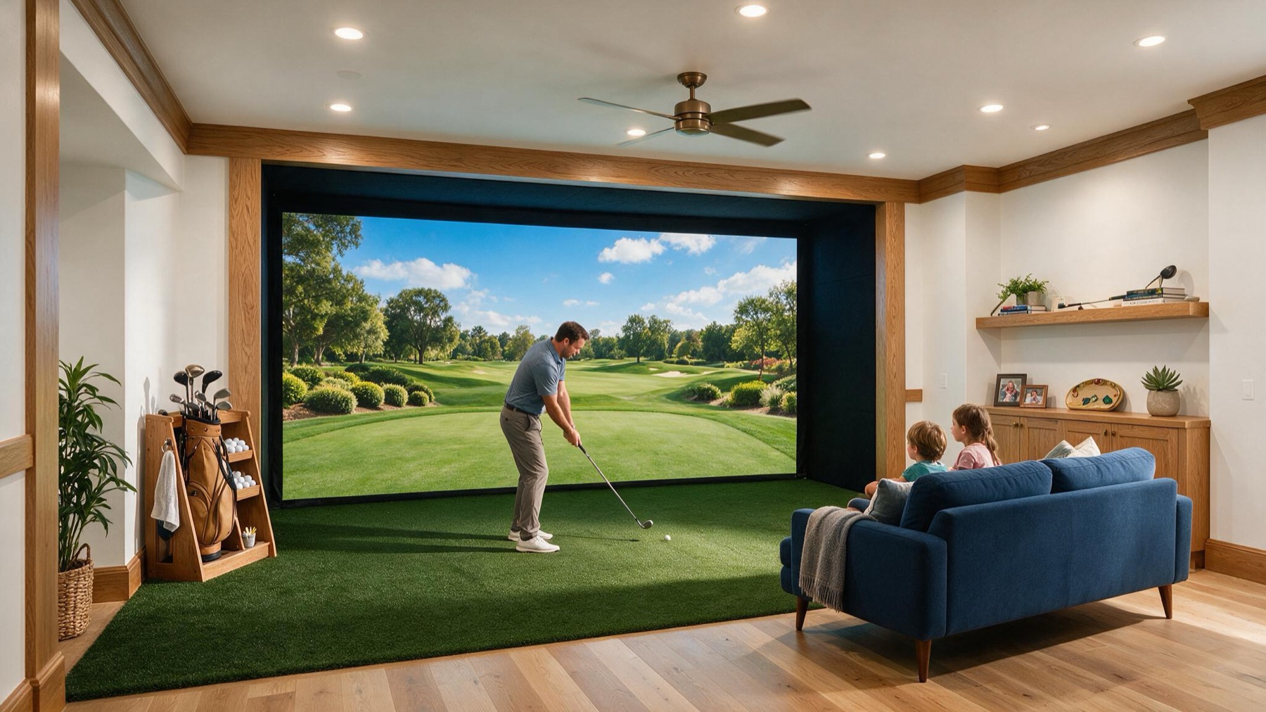 Bright finished home simulator room, a father swinging while his kids watch from the sofa