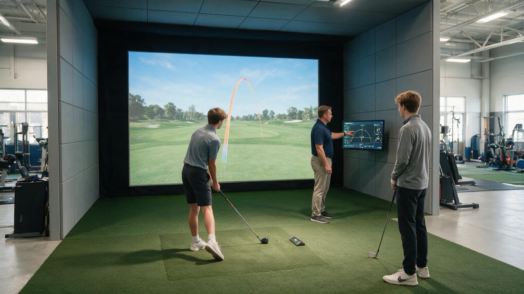 Team training bay with a coach reviewing ball-flight data with players